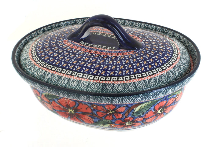 Polish Pottery Jungle Flower Small Oval Baker with Lid