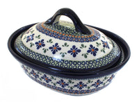 Polish Pottery Mosaic Flower Small Oval Baker with Lid