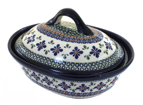 Polish Pottery Mosaic Flower Small Oval Baker with Lid
