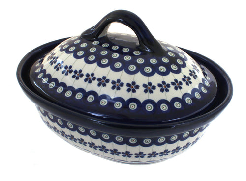 Polish Pottery Flowering Peacock Small Oval Baker with Lid