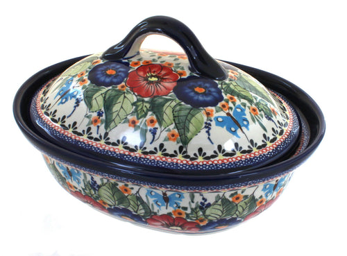 Polish Pottery Floral Butterfly Small Oval Baker with Lid