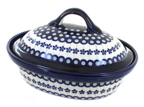 Polish Pottery Flowering Peacock Roaster with Lid