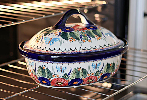 Floral Butterfly Roaster with Lid Polish Pottery