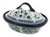 Polish Pottery Blue Tulip Roaster with Lid
