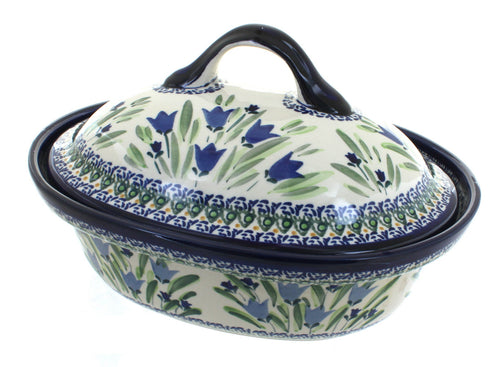 Polish Pottery Blue Tulip Roaster with Lid