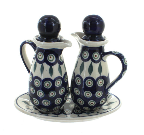 Polish Pottery Peacock Oil & Vinegar Set