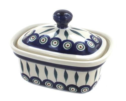 Polish Pottery Peacock Butter Tub