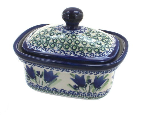 Polish Pottery Blue Tulip Butter Tub
