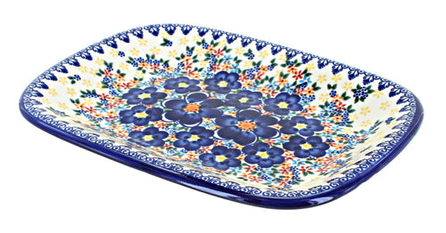 Polish Pottery Blue Dahlia Small Rectangular Serving Platter