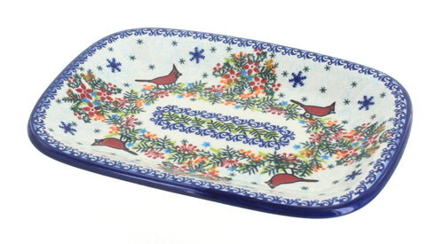 Polish Pottery Winter Cardinal Small Rectangular Serving Platter