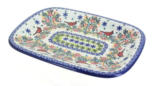 Polish Pottery Winter Cardinal Medium Rectangular Serving Platter