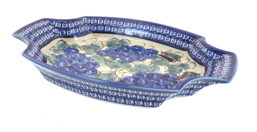 Polish Pottery Grapes Large Serving Tray with Cobalt Trim