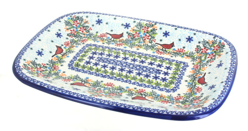 Polish Pottery Winter Cardinal Large Rectangular Serving Platter