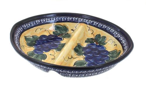 Polish Pottery Grapes Large Divided Dish with Cobalt Trim