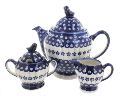 Polish Pottery Flowering Peacock 3 Piece Coffee Pot Set with Bird Topper