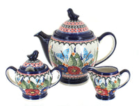 Polish Pottery Floral Butterfly Coffee Pot Set with Bird Topper