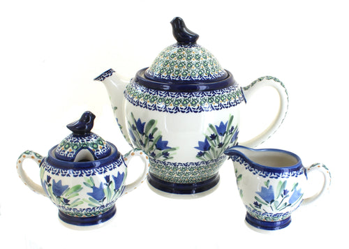 Polish Pottery Blue Tulip 3 Piece Coffee Pot Set with Bird Topper