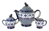 Polish Pottery Mosaic Flower 3 PC Coffee Pot Set with Bird Topper