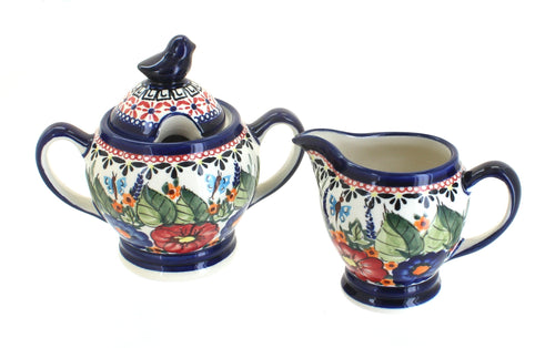 Polish Pottery Floral Butterfly Cream & Sugar Set