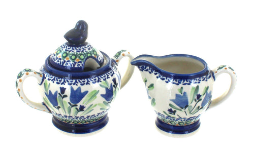 Polish Pottery Blue Tulip Cream & Sugar Set