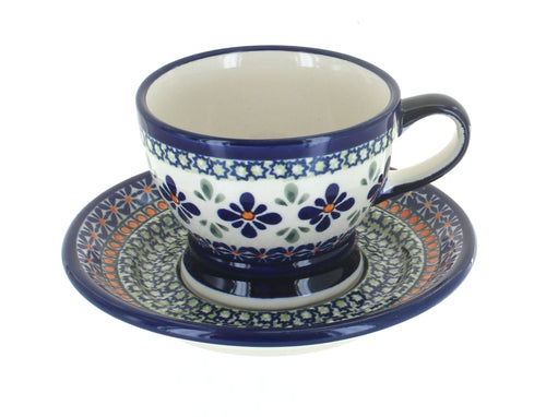 Polish Pottery Mosaic Flower Pedestal Cup & Saucer
