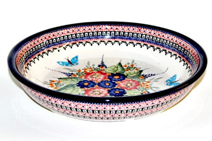 Floral Butterfly Large Shallow Serving Bowl Polish Pottery