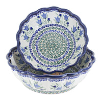 Polish Pottery Blue Tulip Scallop Serving Bowl Set