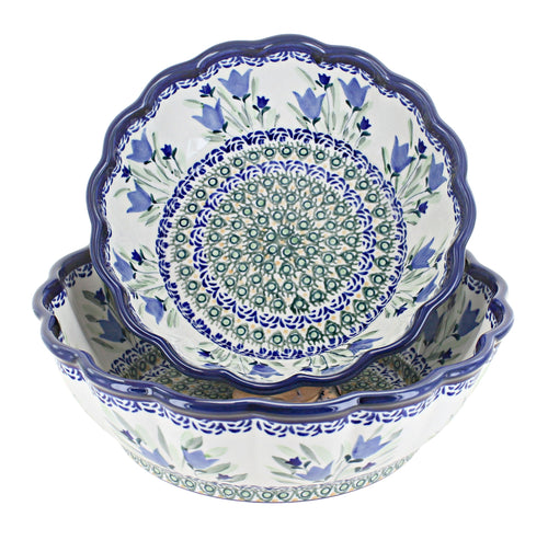Polish Pottery Blue Tulip Scallop Serving Bowl Set