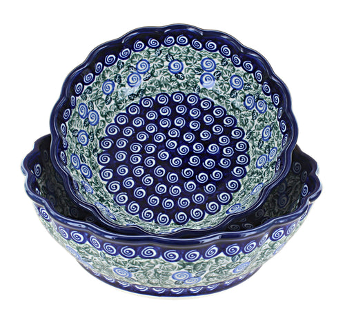 Polish Pottery Seaside Swirl Scallop Serving Bowl Set