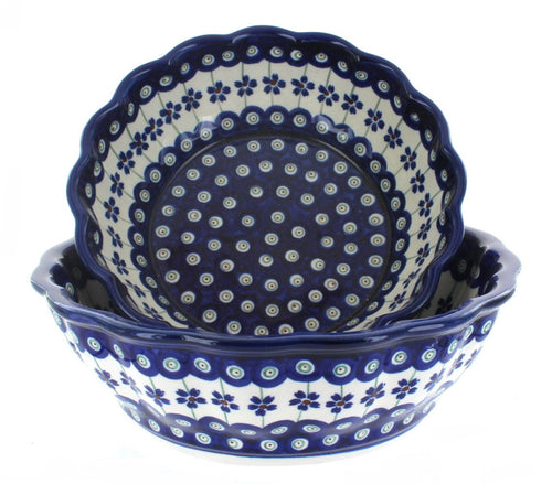 Polish Pottery Flowering Peacock Scallop Serving Bowl Set