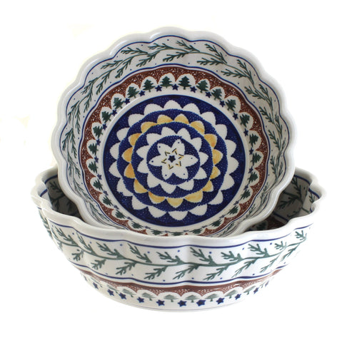 Polish Pottery Evergreen Scallop Serving Bowl Set