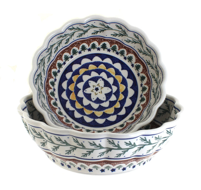 Polish Pottery Evergreen Scallop Serving Bowl Set