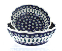 Polish Pottery Peacock Scallop Serving Bowl Set