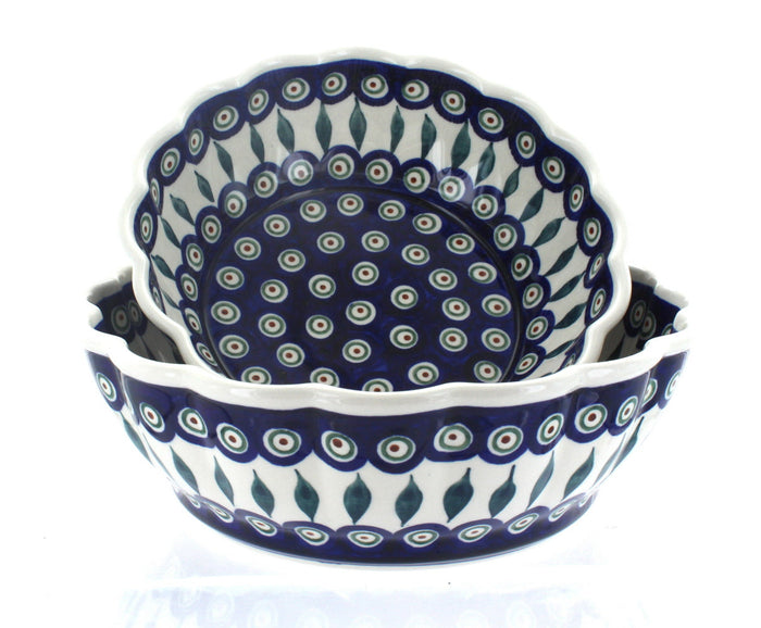 Polish Pottery Peacock Scallop Serving Bowl Set