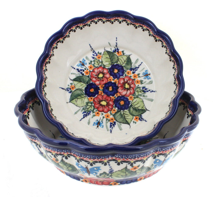 Polish Pottery Floral Butterfly Scallop Serving Bowl Set