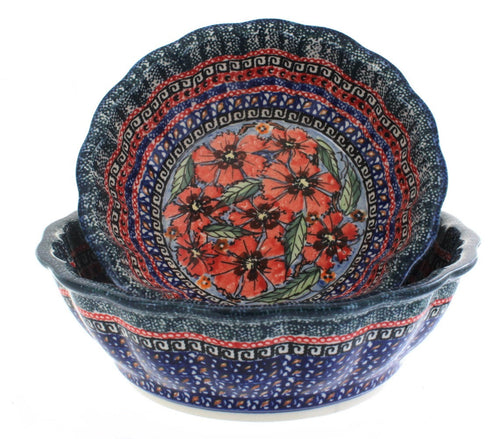 Polish Pottery Jungle Flower Scallop Serving Bowl Set