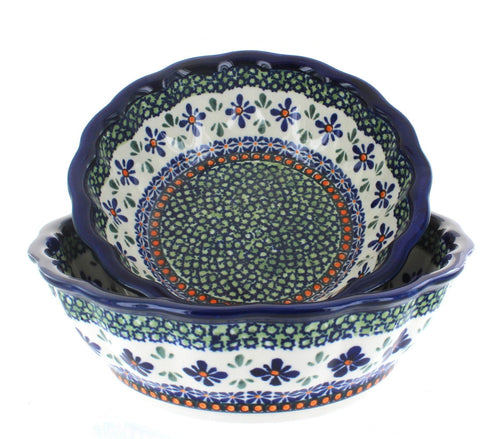 Polish Pottery Mosaic Flower Scallop Serving Bowl Set