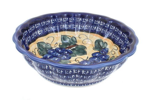 Polish Pottery Grapes Medium Scallop Bowl with Cobalt Trim