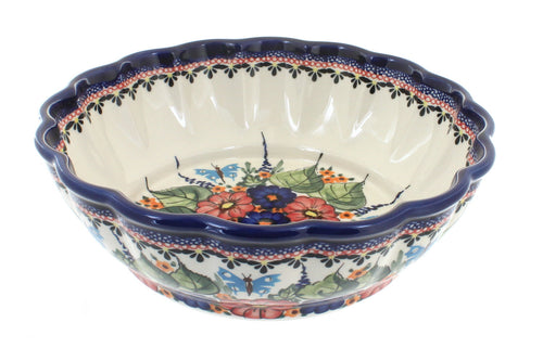 Polish Pottery Floral Butterfly Large Scallop Bowl