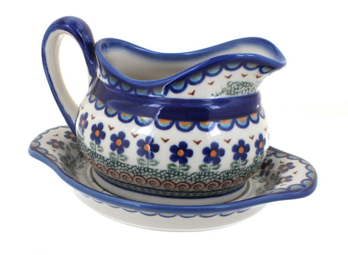 Polish Pottery Aztec Flower Gravy Boat & Plate