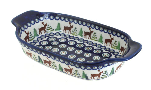 Polish Pottery Reindeer Pine Rectangular Serving Dish