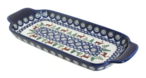 Polish Pottery Reindeer Pine Bread Tray with Handles
