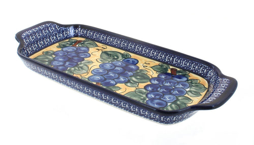 Polish Pottery Grapes Bread Tray with Cobalt Trim with Handles