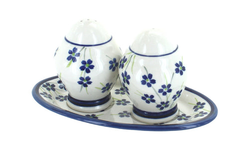 Polish Pottery Willow Salt & Pepper Shakers with Plate