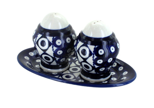 Polish Pottery Xena Salt & Pepper Shakers with Plate