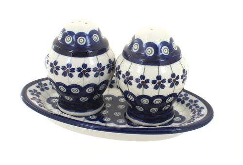 Polish Pottery Flowering Peacock Salt & Pepper Shaker with Plate