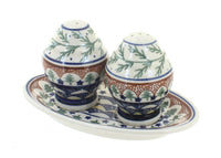 Polish Pottery Evergreen Salt & Pepper Shakers with Plate