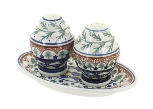 Polish Pottery Evergreen Salt & Pepper Shakers with Plate
