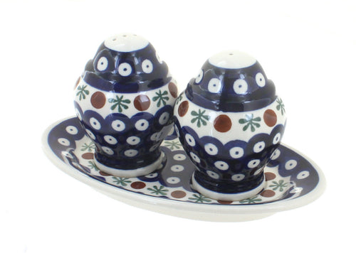 Polish Pottery Nature Salt & Pepper Shakers with Plate