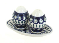 Polish Pottery Peacock Salt & Pepper Shakers With Plate